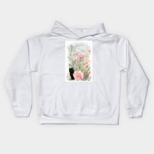 Black Cat  in the Flower Garden Soft Pastel Colours Kids Hoodie